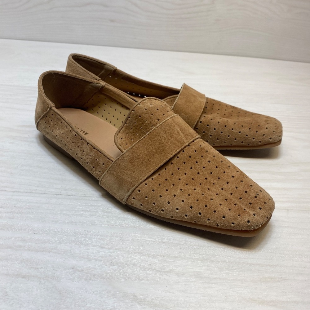 ALL BLACK Perforated Leather Loafers Women's Flats Suede Brown Slip On‎